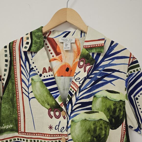 Rachel Zoe Shirt Small Tropical Floral Coconuts Button Front Crop Linen Blend - Picture 4 of 9
